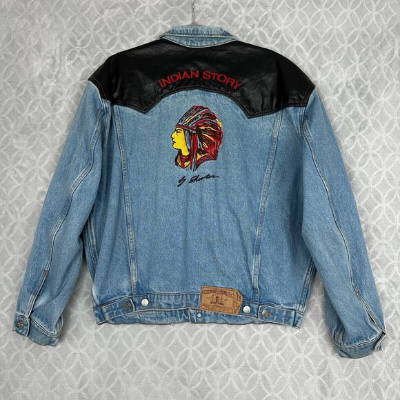 Vtg 90s Shooter Denim Jean Jacket Large Embroidered Native American Indian Chief - Picture 1 of 14